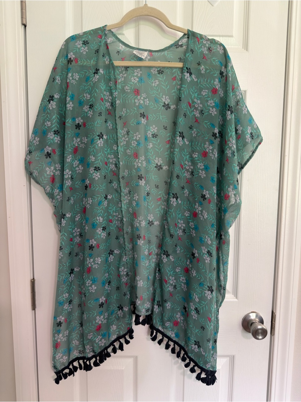 Serra Light Green Floral Kimono Cover-Up with Black Tassel Trim One Size
